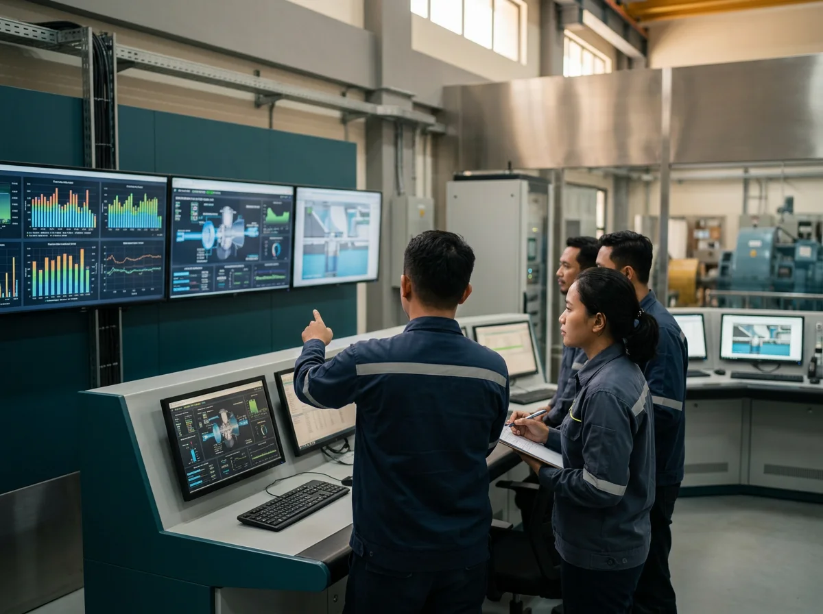 Engineering team monitoring hydropower operations in a modern control room