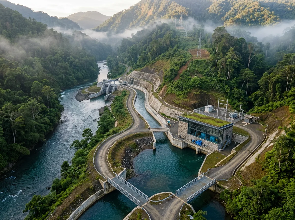 Run-of-river hydropower facility integrated into mountainous tropical terrain