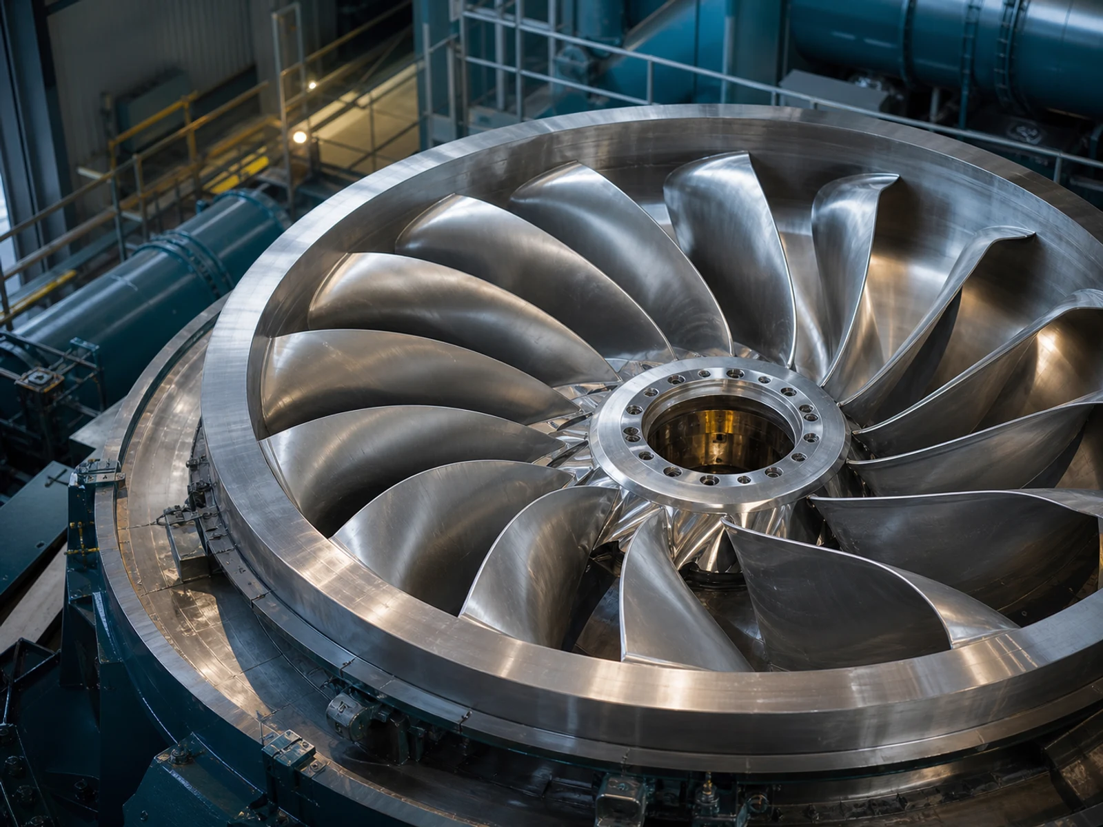 Large Francis hydropower turbine runner prepared for inspection inside a powerhouse