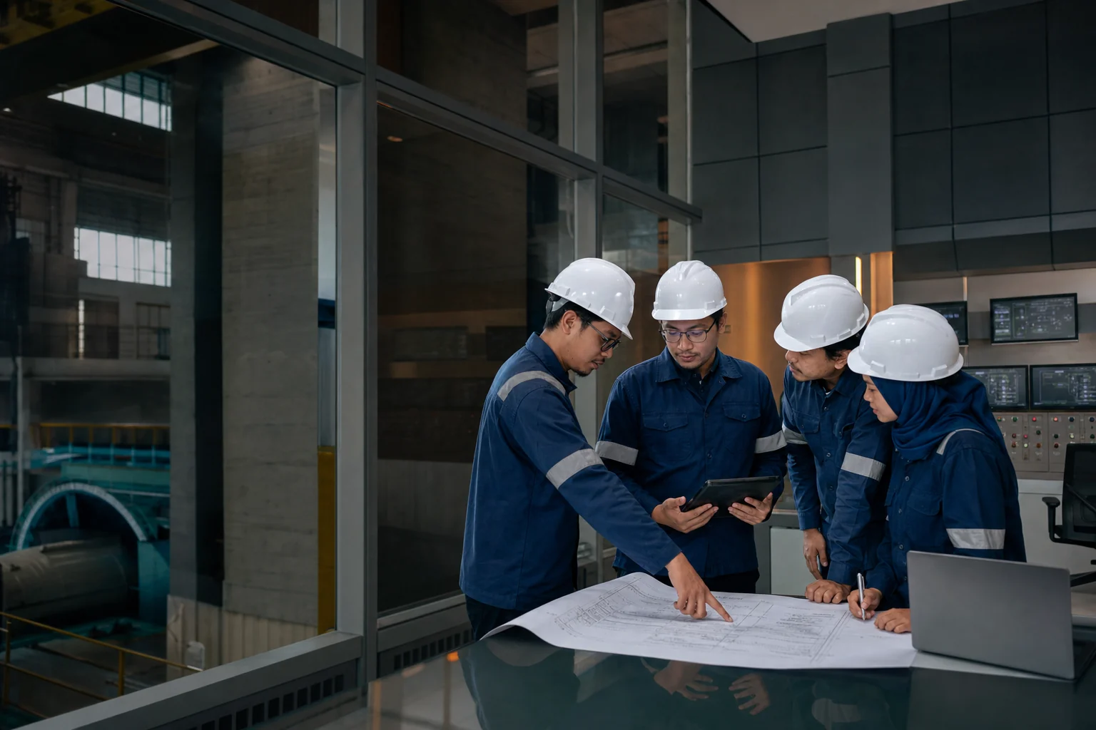 Engineering team reviewing technical plans inside a power facility
